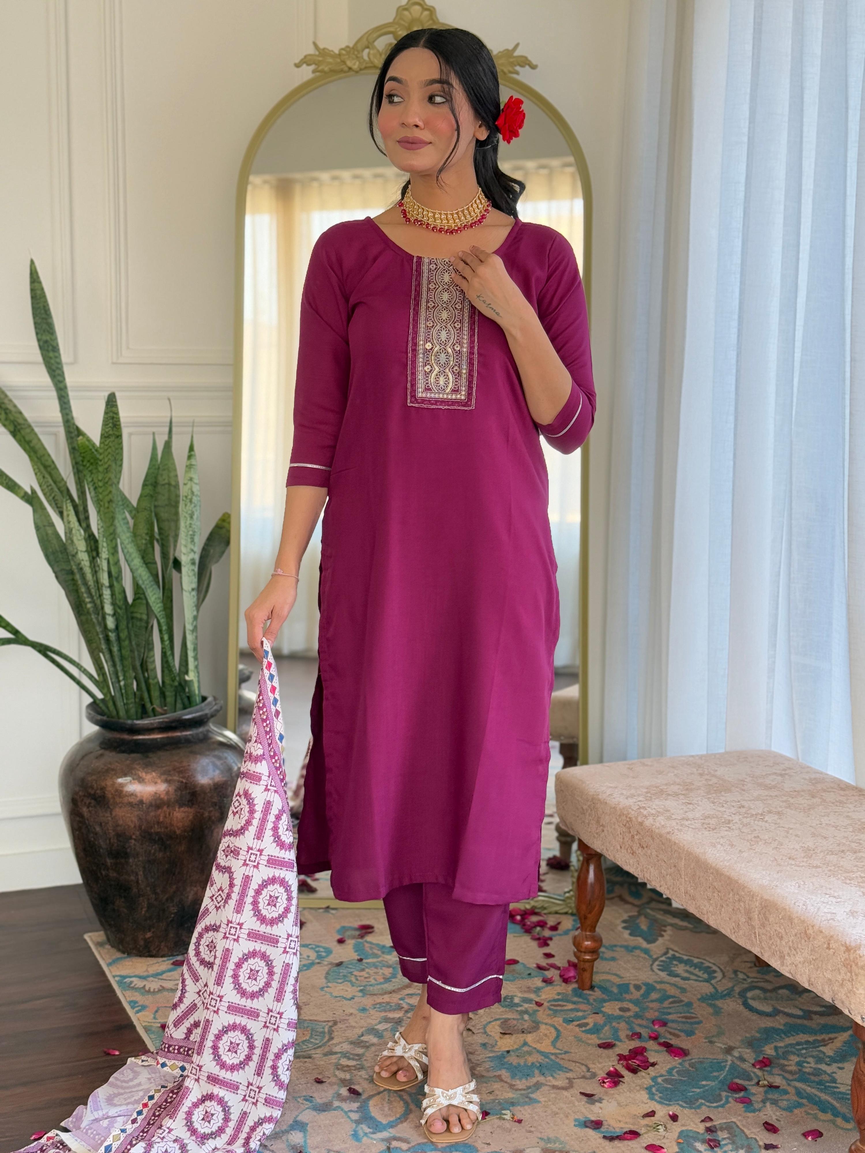 Sonakshi Women's Maroon Rayon Embroidered Kurta Set with Dupatta - Distacart