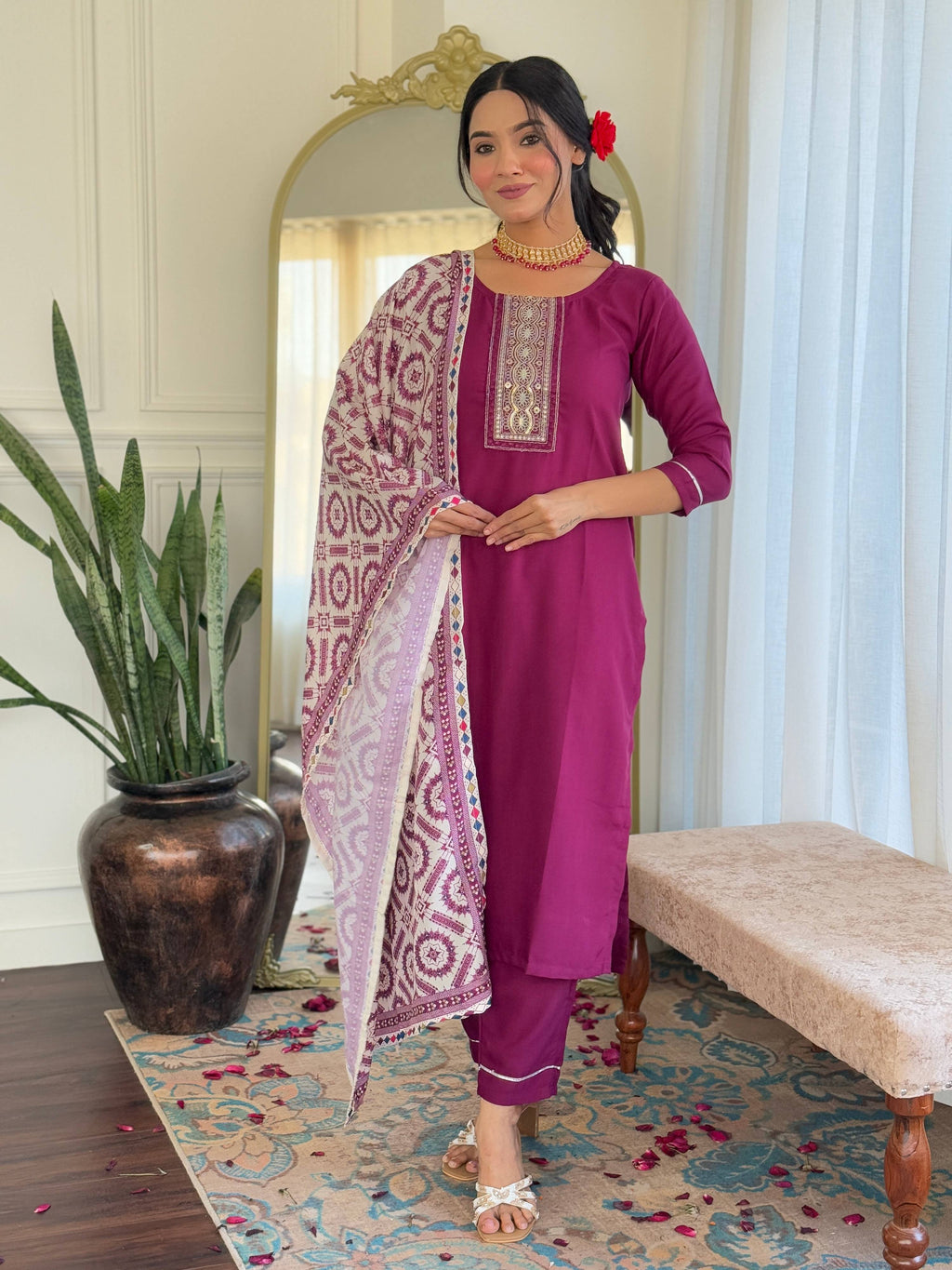 Sonakshi Women's Maroon Rayon Embroidered Kurta Set with Dupatta - Distacart