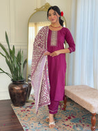 Sonakshi Women's Maroon Rayon Embroidered Kurta Set with Dupatta - Distacart