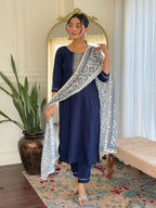 Sonakshi Women's Navy Blue Rayon Embroidered Kurta Set with Dupatta - Distacart