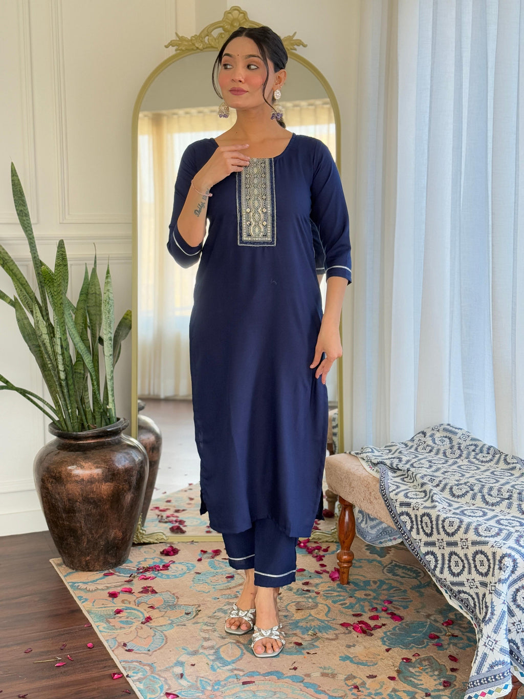 Sonakshi Women's Navy Blue Rayon Embroidered Kurta Set with Dupatta - Distacart