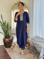 Sonakshi Women's Navy Blue Rayon Embroidered Kurta Set with Dupatta - Distacart
