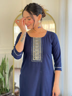 Sonakshi Women's Navy Blue Rayon Embroidered Kurta Set with Dupatta - Distacart