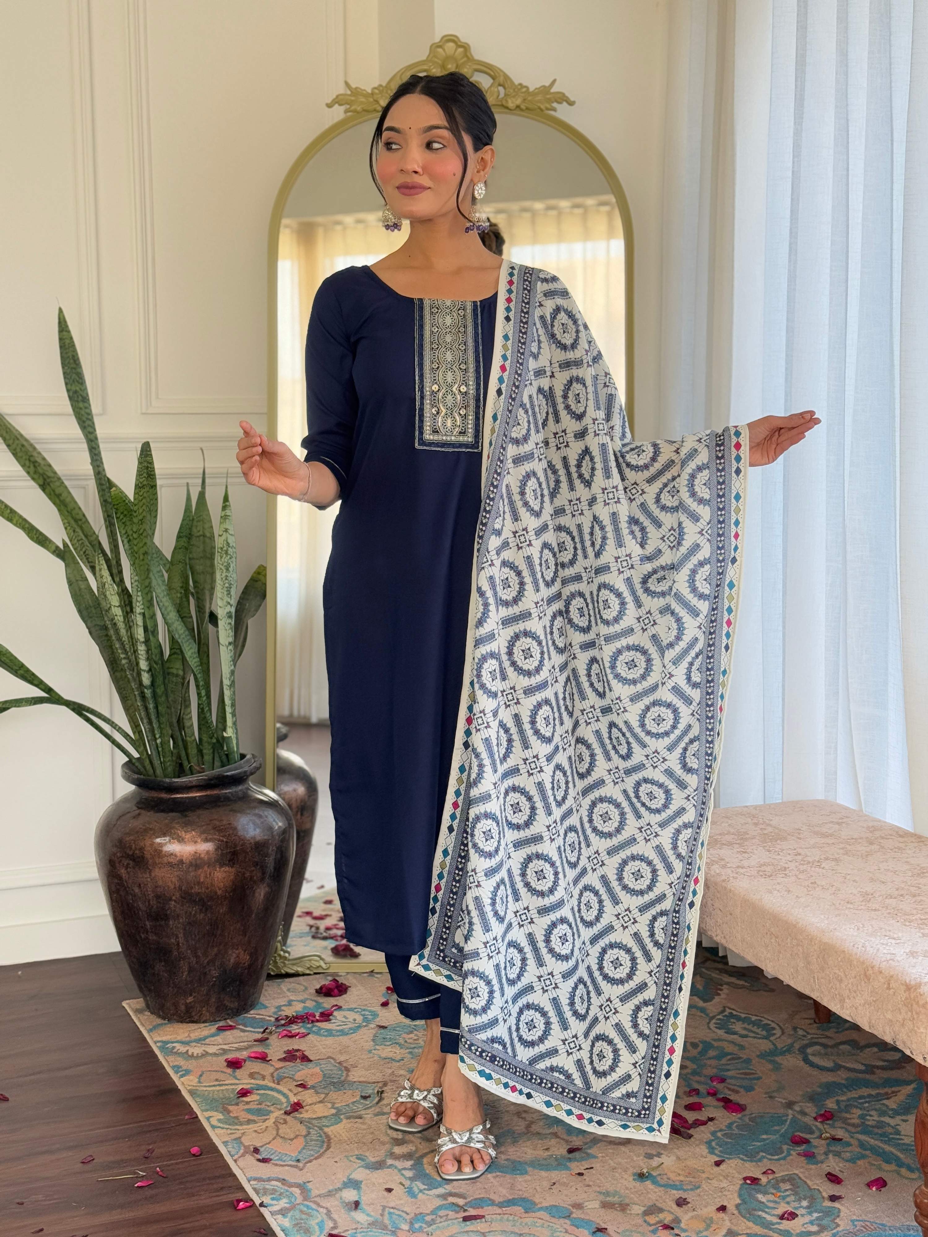 Sonakshi Women's Navy Blue Rayon Embroidered Kurta Set with Dupatta - Distacart