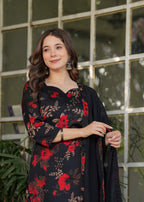 Sonakshi Women's Black Silk Blend Digital Kurta Set with Dupatta - Distacart