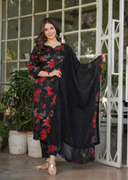 Sonakshi Women's Black Silk Blend Digital Kurta Set with Dupatta - Distacart