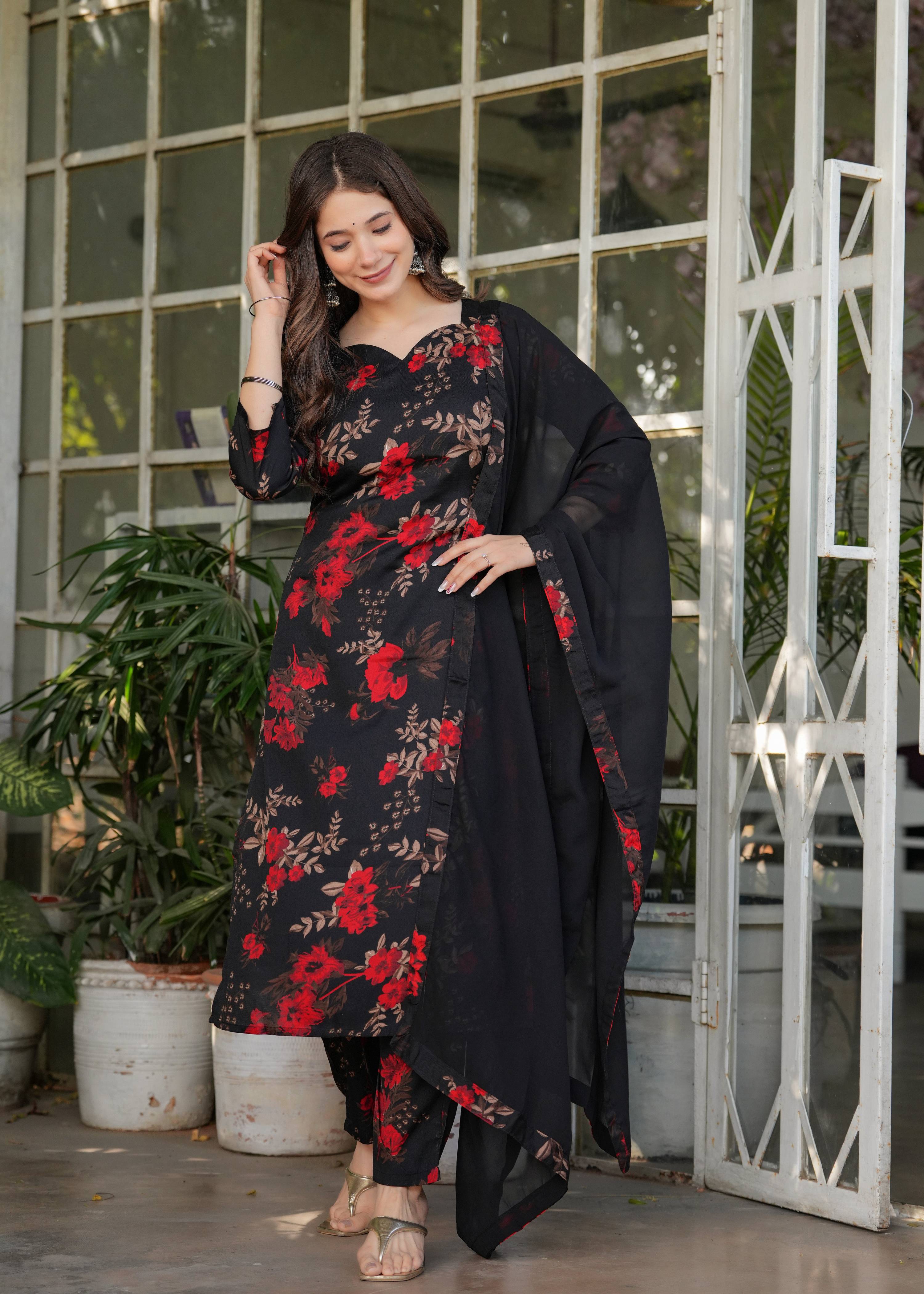 Sonakshi Women's Black Silk Blend Digital Kurta Set with Dupatta - Distacart
