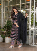 Sonakshi Women's Black Pure Cotton Digital Print Kurta Set with Dupatta - Distacart
