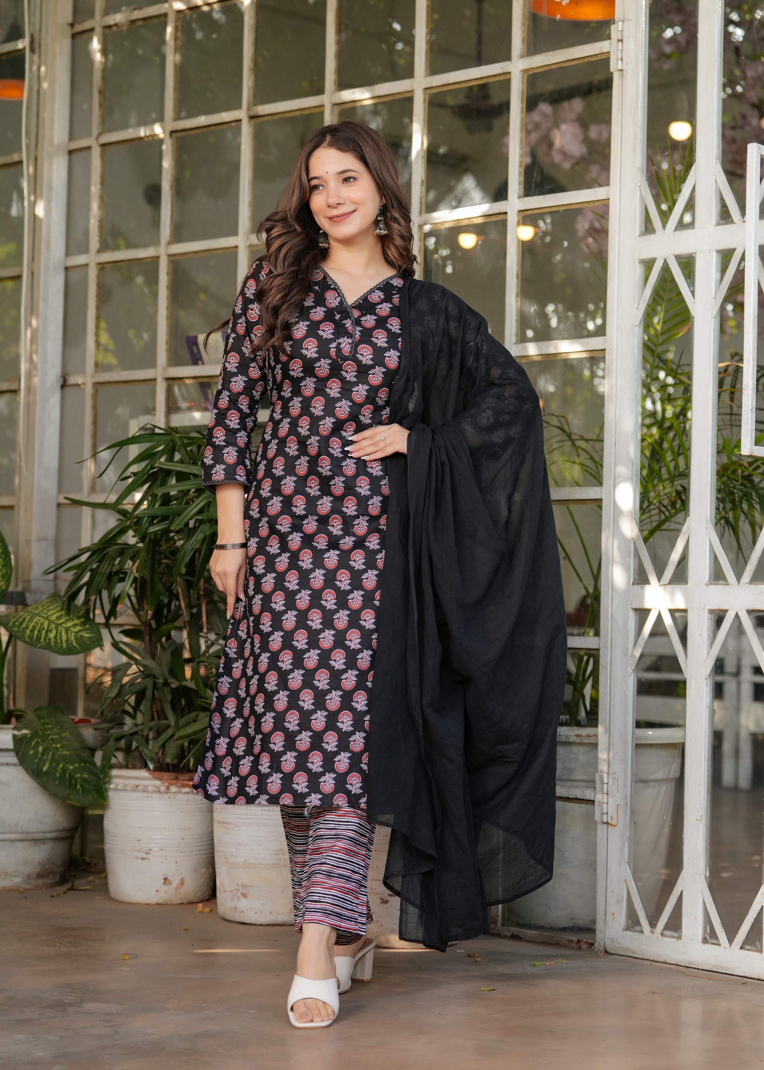 Sonakshi Women's Black Pure Cotton Digital Print Kurta Set with Dupatta - Distacart