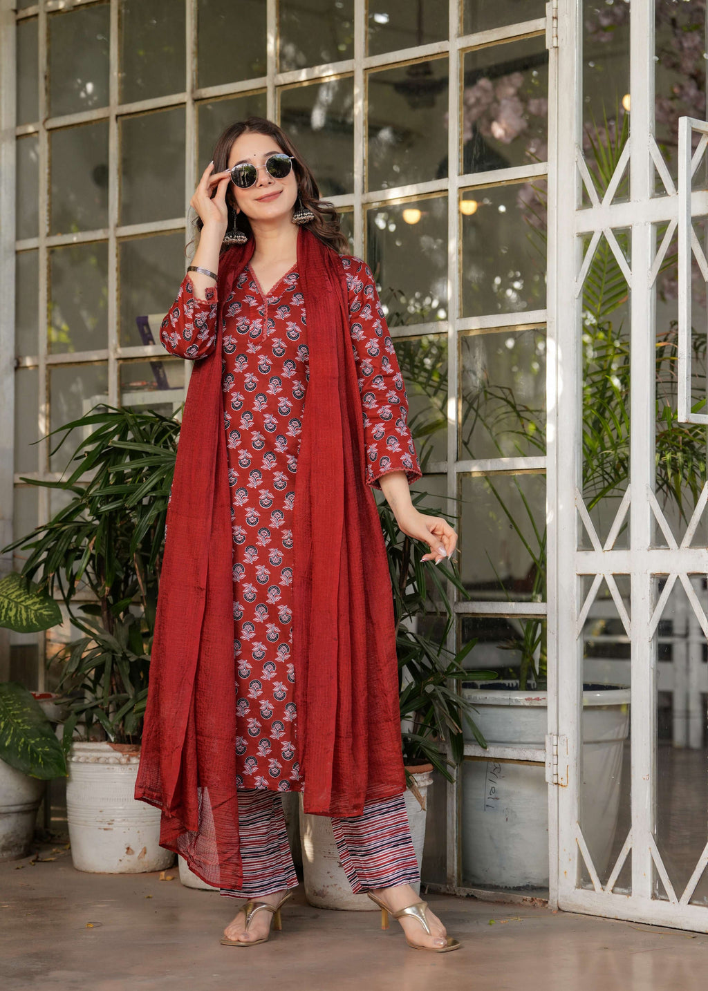 Sonakshi Women's Rust Pure Cotton Digital Print Kurta Set with Dupatta - Distacart