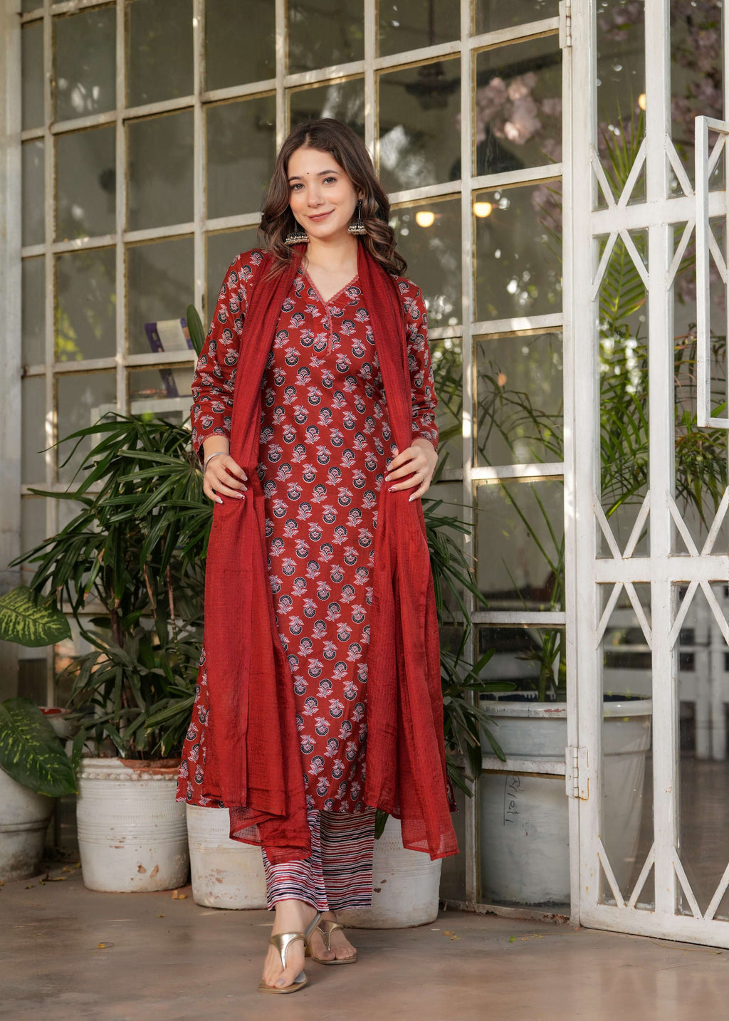 Sonakshi Women's Rust Pure Cotton Digital Print Kurta Set with Dupatta - Distacart