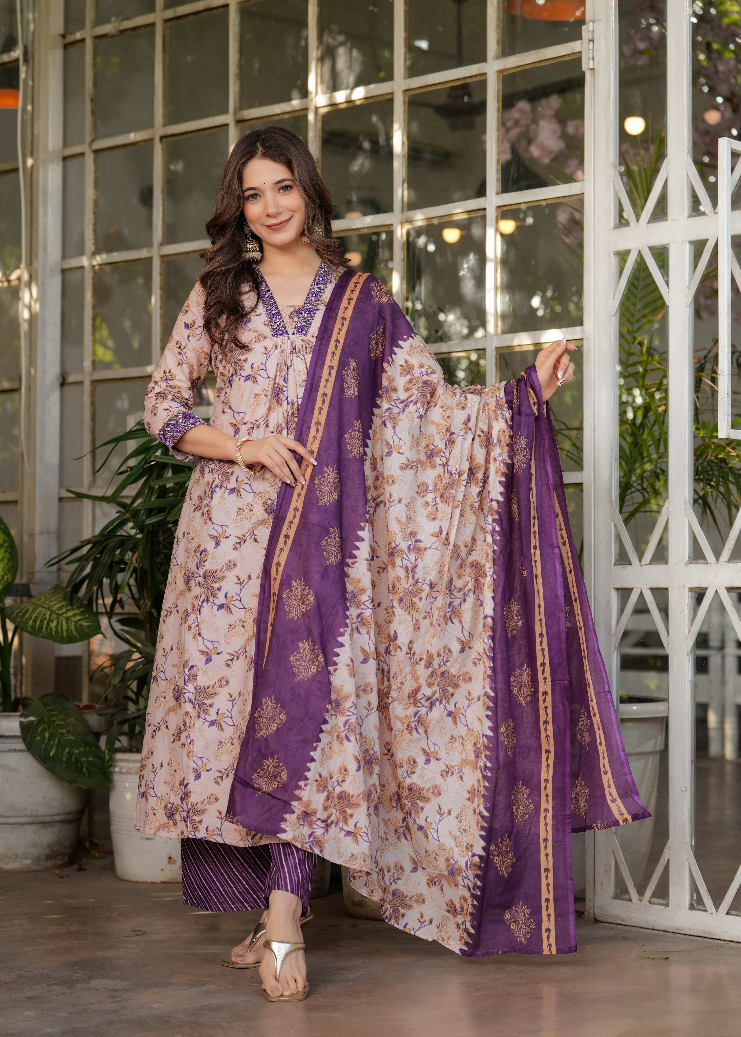 Sonakshi Women's Purple Pure Cotton Digital Print Kurta Set with Dupatta - Distacart
