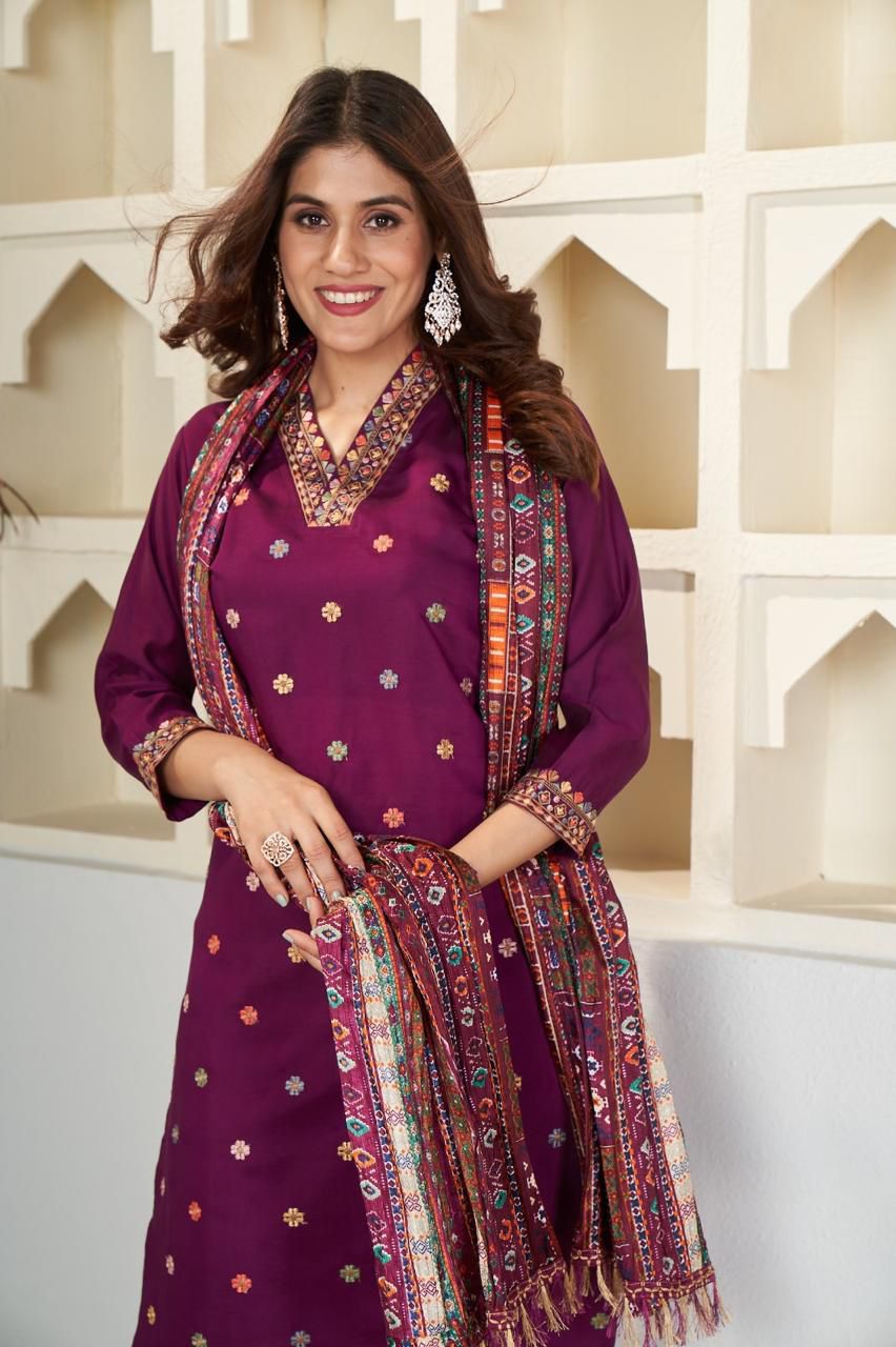 Sonakshi Women's Wine Viscose Chanderi Embroidered Kurta Set with Dupatta - Distacart