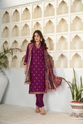 Sonakshi Women's Wine Viscose Chanderi Embroidered Kurta Set with Dupatta - Distacart