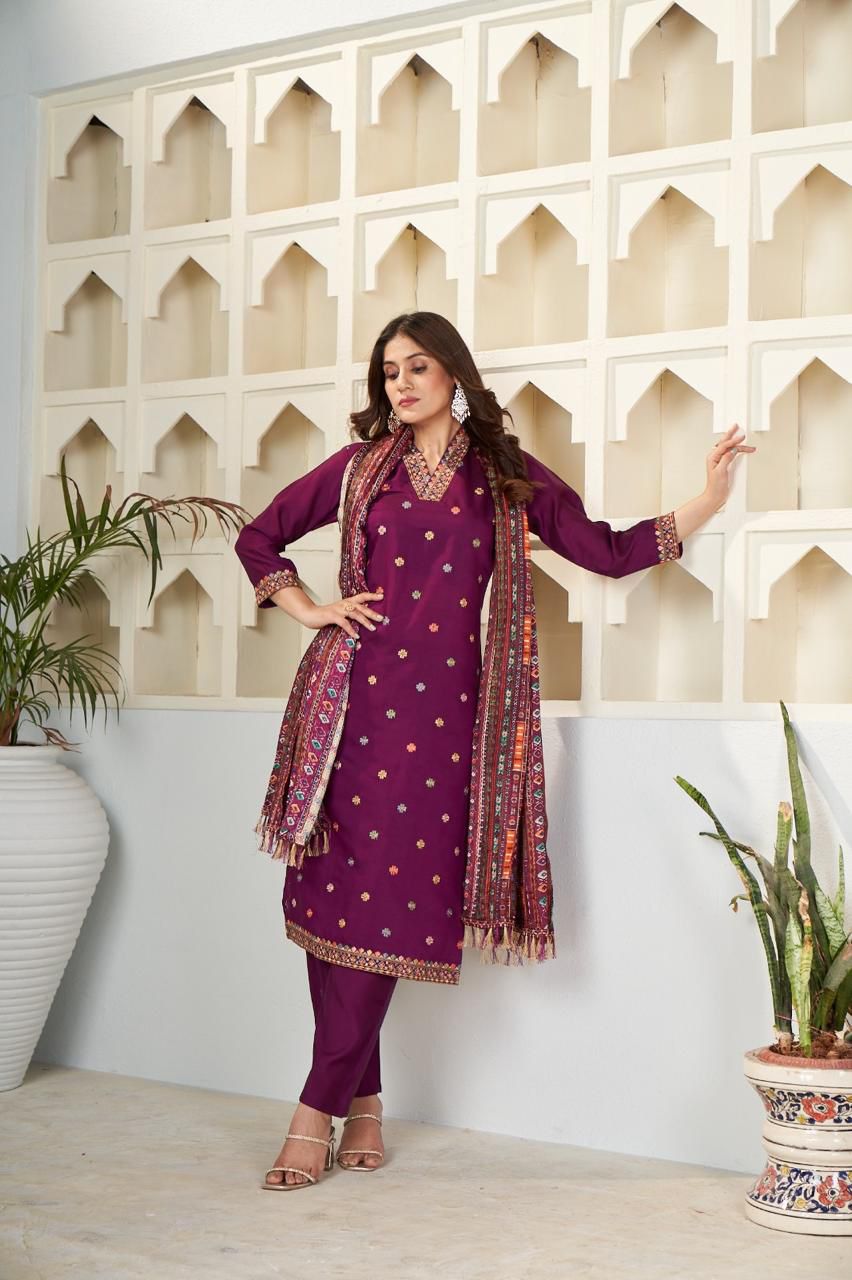 Sonakshi Women's Wine Viscose Chanderi Embroidered Kurta Set with Dupatta - Distacart