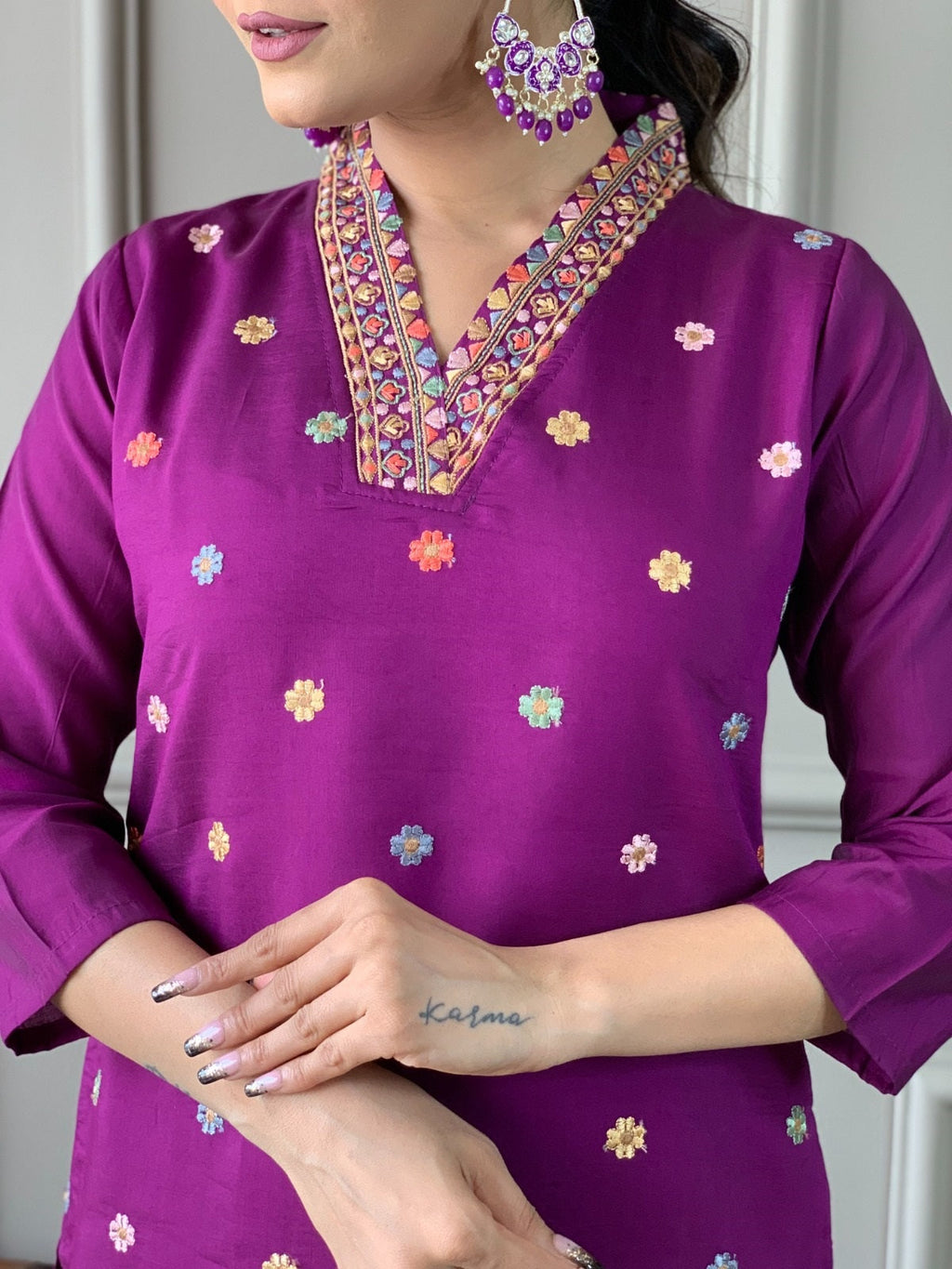 Sonakshi Women's Purple Viscose Chanderi Embroidered Kurta Set with Dupatta - Distacart