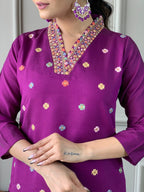 Sonakshi Women's Purple Viscose Chanderi Embroidered Kurta Set with Dupatta - Distacart
