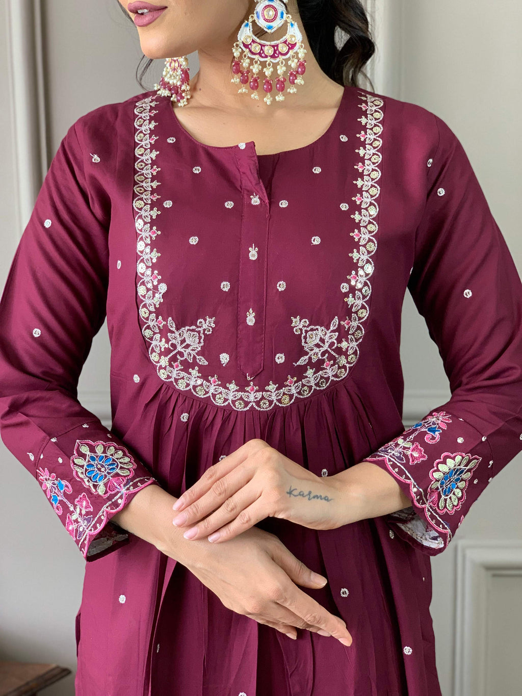 Sonakshi Women's Wine Viscose Chanderi Embroidered Kurta Set with Dupatta - Distacart