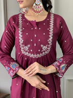 Sonakshi Women's Wine Viscose Chanderi Embroidered Kurta Set with Dupatta - Distacart