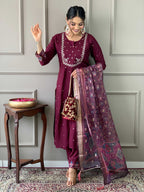 Sonakshi Women's Wine Viscose Chanderi Embroidered Kurta Set with Dupatta - Distacart