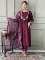 Sonakshi Women's Wine Viscose Chanderi Embroidered Kurta Set with Dupatta - Distacart