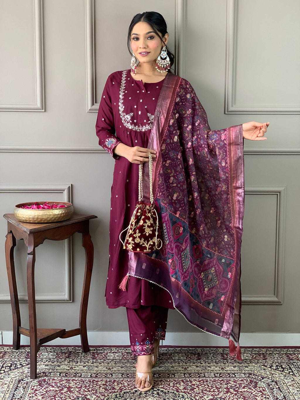 Sonakshi Women's Wine Viscose Chanderi Embroidered Kurta Set with Dupatta - Distacart
