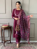 Sonakshi Women's Wine Viscose Chanderi Embroidered Kurta Set with Dupatta - Distacart