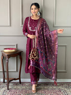 Sonakshi Women's Wine Viscose Chanderi Embroidered Kurta Set with Dupatta - Distacart
