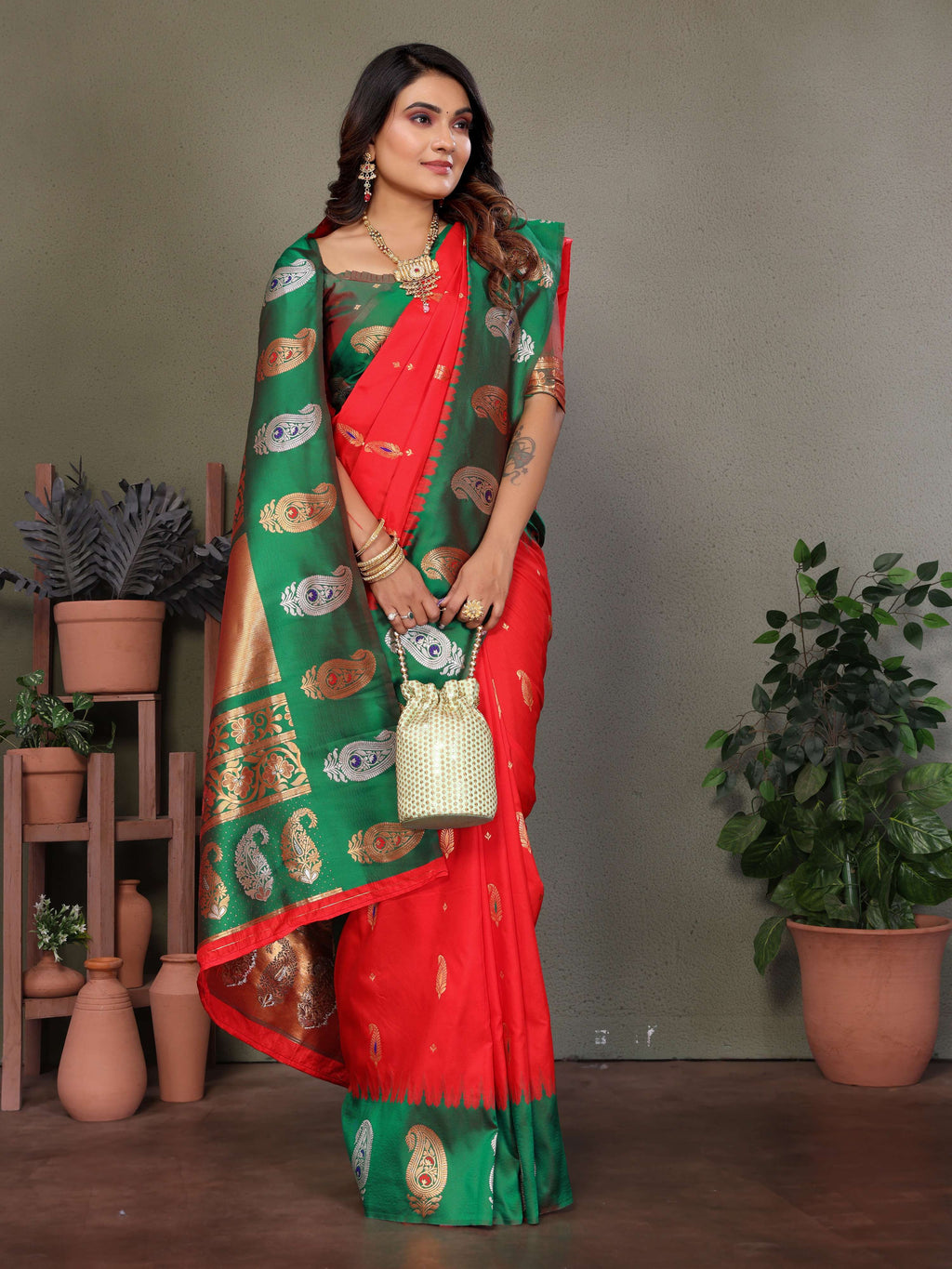 Sonakshi Women's Red Banarasi Silk Zari Woven Traditional Saree with Blouse - Distacart