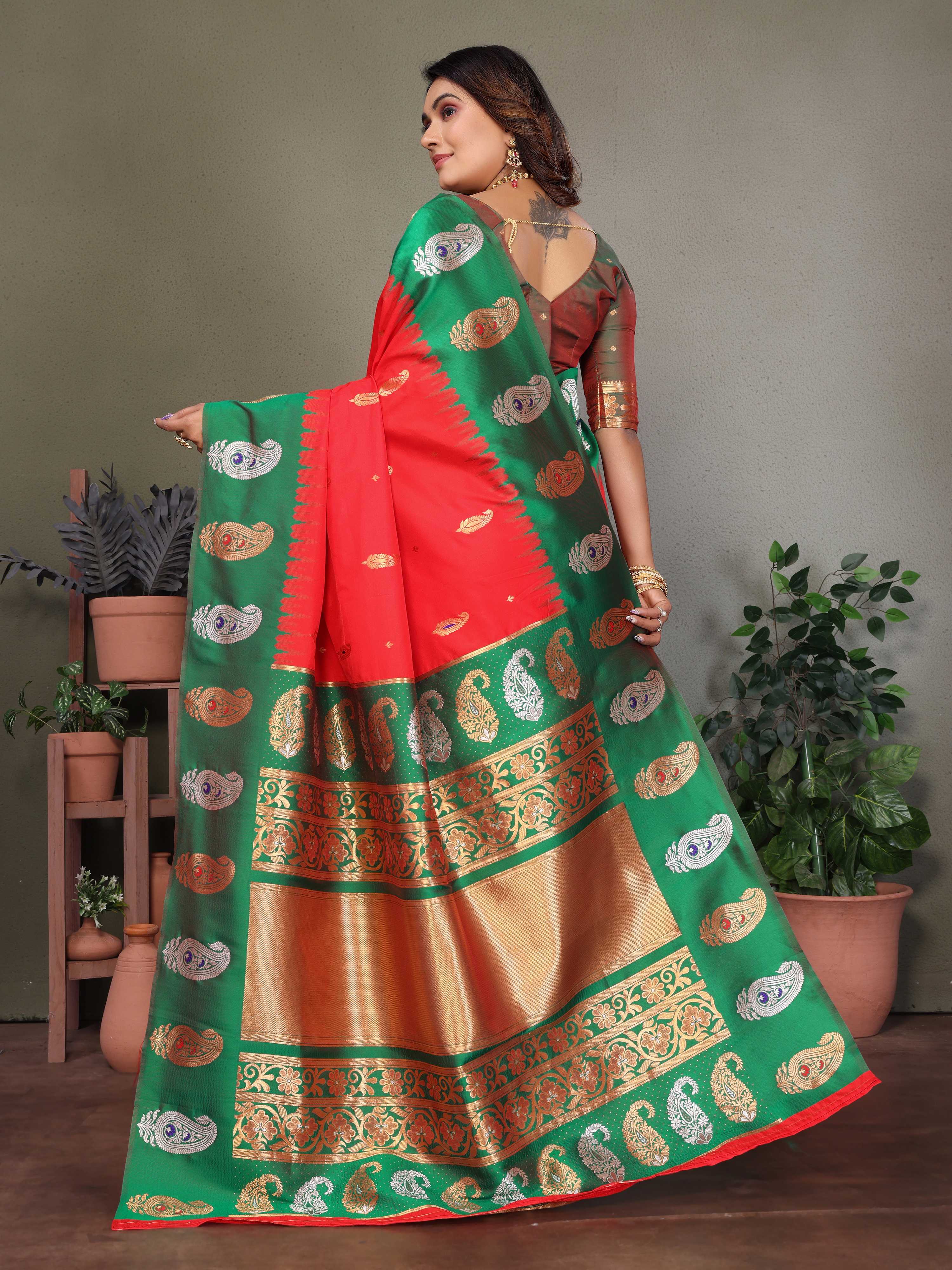 Sonakshi Women's Red Banarasi Silk Zari Woven Traditional Saree with Blouse - Distacart
