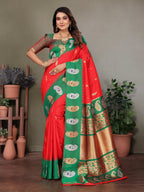 Sonakshi Women's Red Banarasi Silk Zari Woven Traditional Saree with Blouse - Distacart