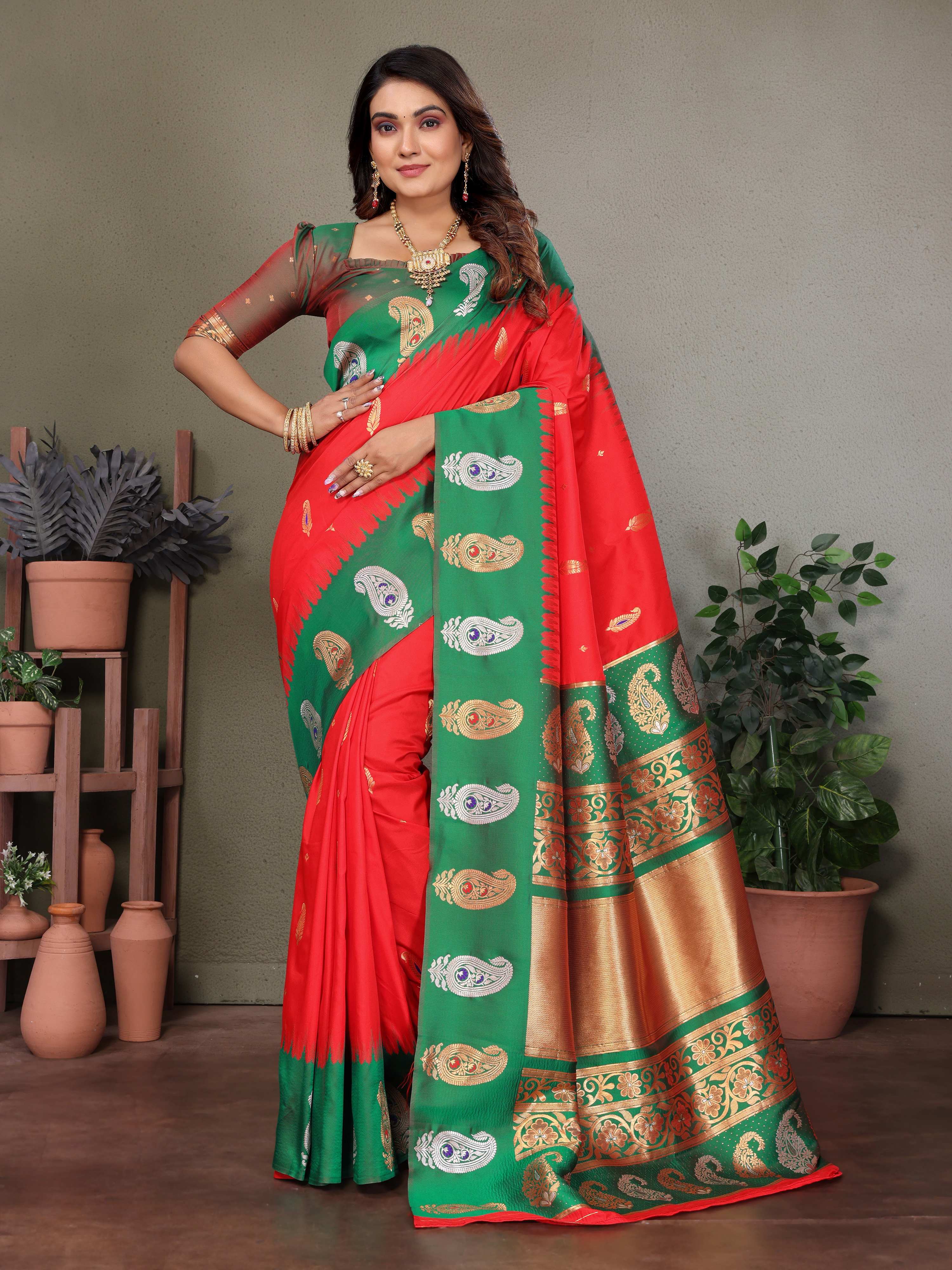 Sonakshi Women's Red Banarasi Silk Zari Woven Traditional Saree with Blouse - Distacart
