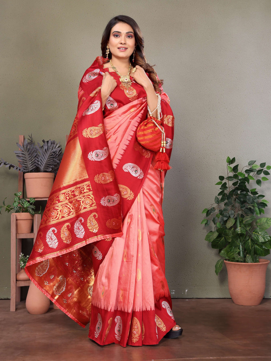Sonakshi Women's Pink Banarasi Silk Zari Woven Traditional Saree with Blouse - Distacart