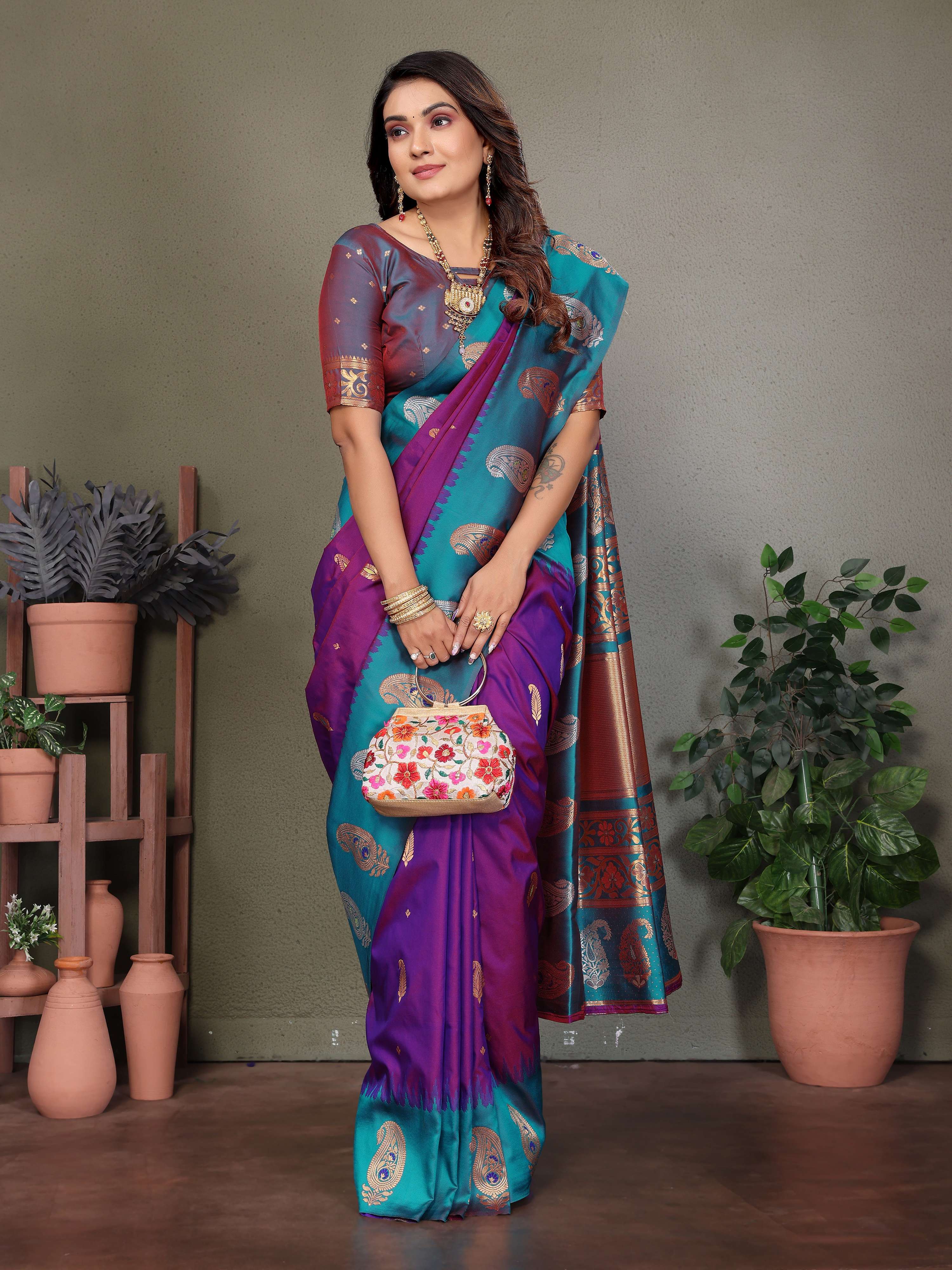 Sonakshi Women's Purple Banarasi Silk Zari Woven Traditional Saree with Blouse - Distacart