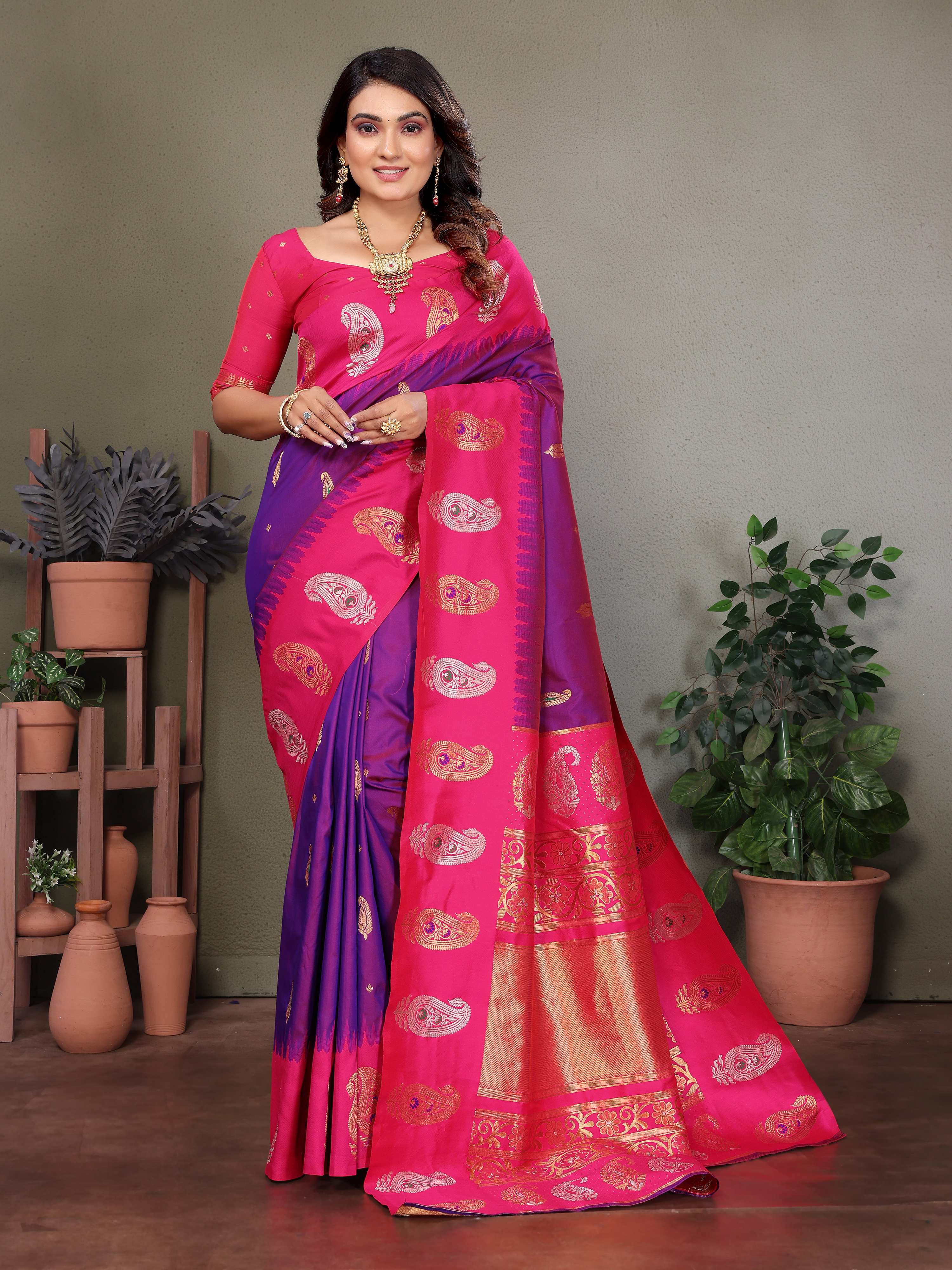 Sonakshi Women's Lavender Banarasi Silk Zari Woven Traditional Saree with Blouse - Distacart