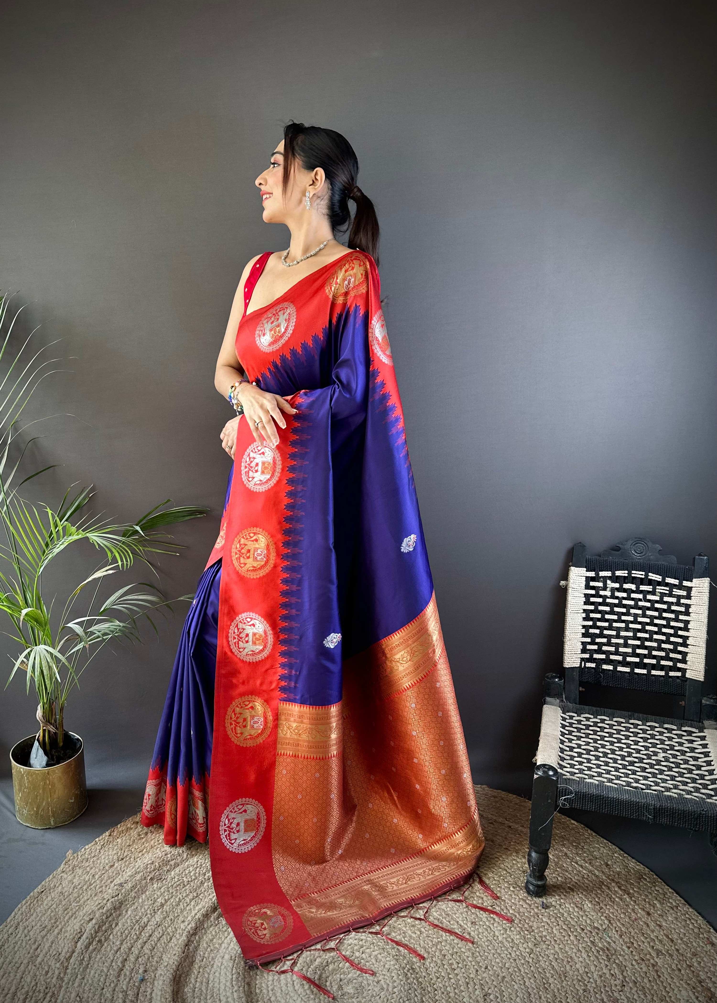 Sonakshi Women's Blue Banarasi Silk Zari Woven Traditional Saree with Blouse - Distacart