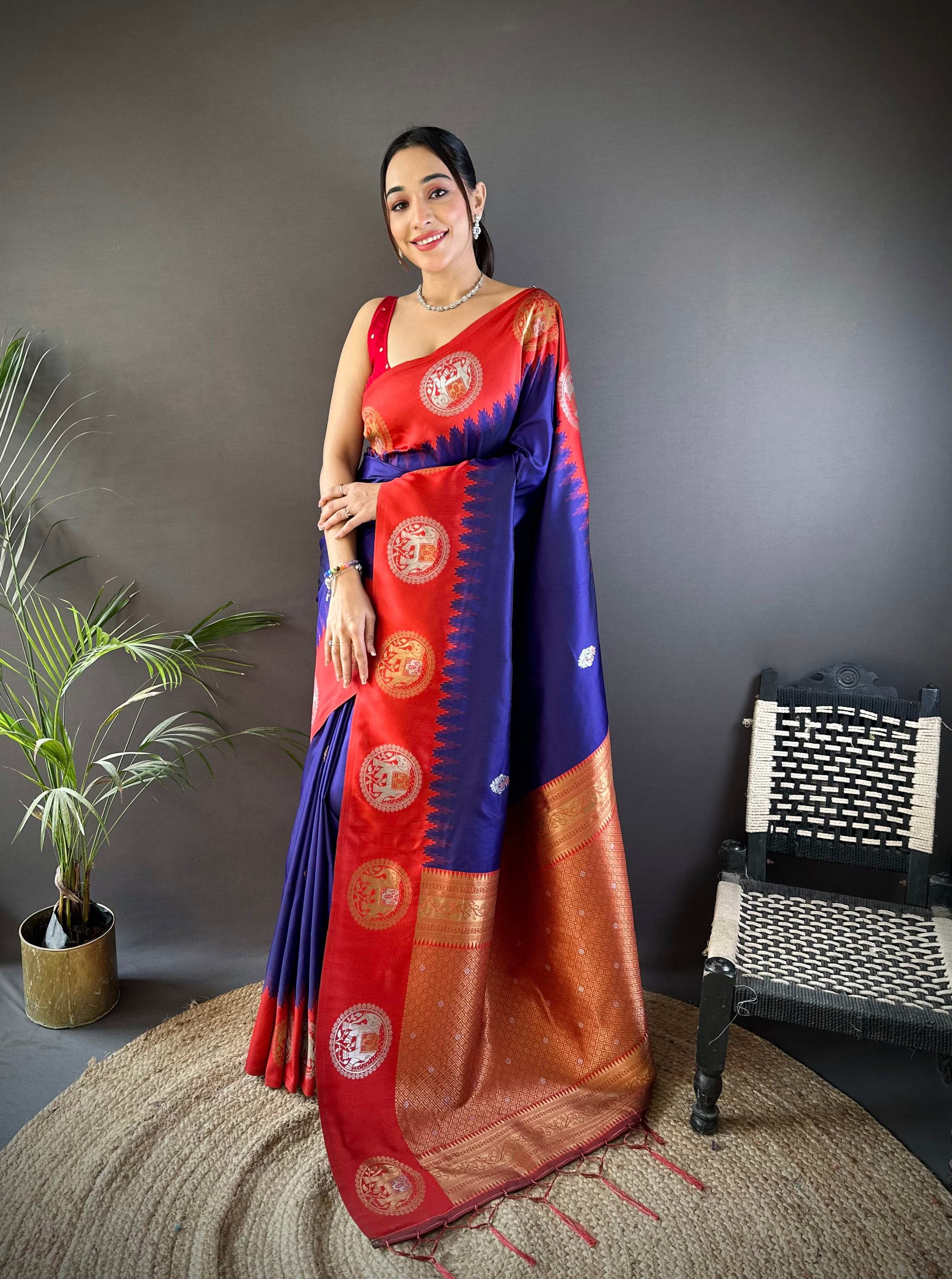 Sonakshi Women's Blue Banarasi Silk Zari Woven Traditional Saree with Blouse - Distacart