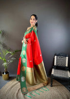Sonakshi Women's Red Banarasi Silk Zari Woven Traditional Saree with Blouse - Distacart