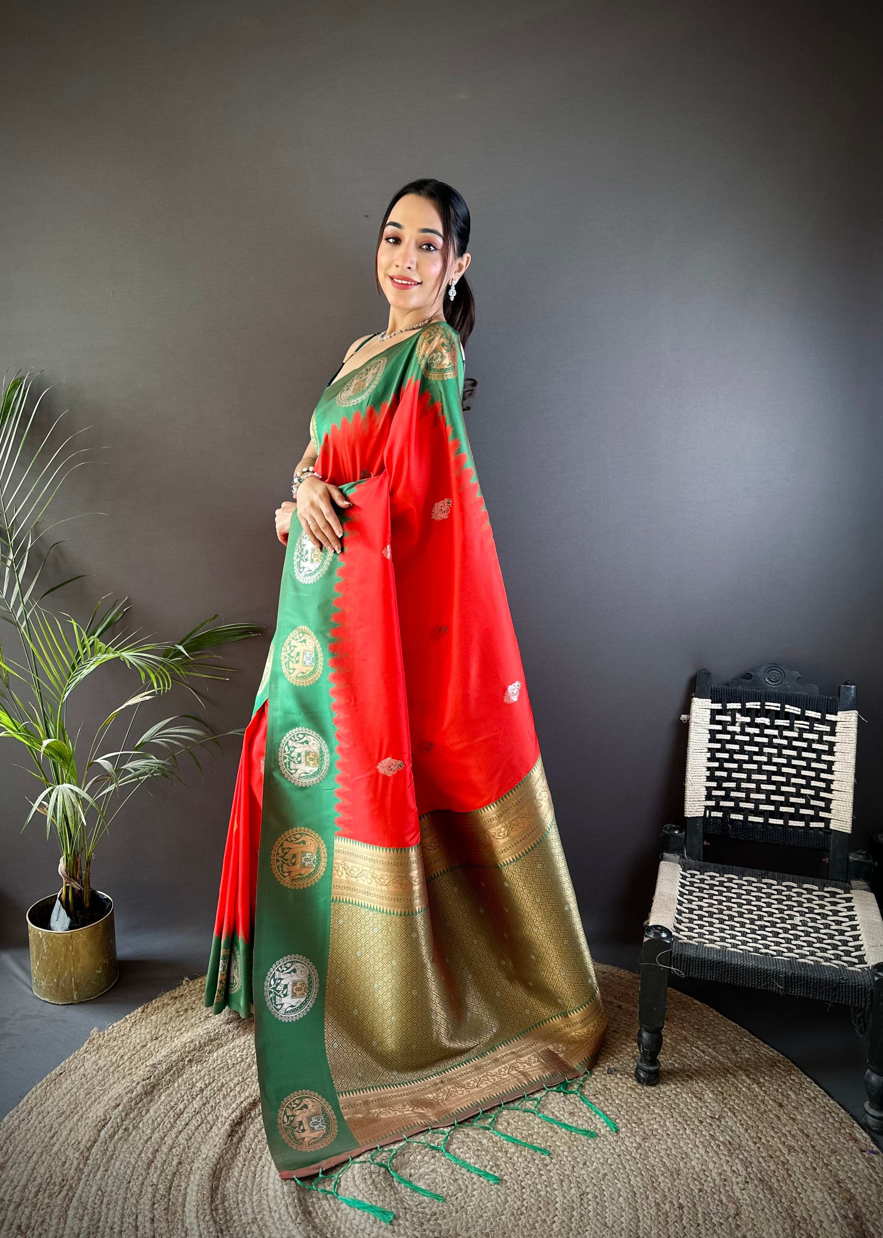 Sonakshi Women's Red Banarasi Silk Zari Woven Traditional Saree with Blouse - Distacart