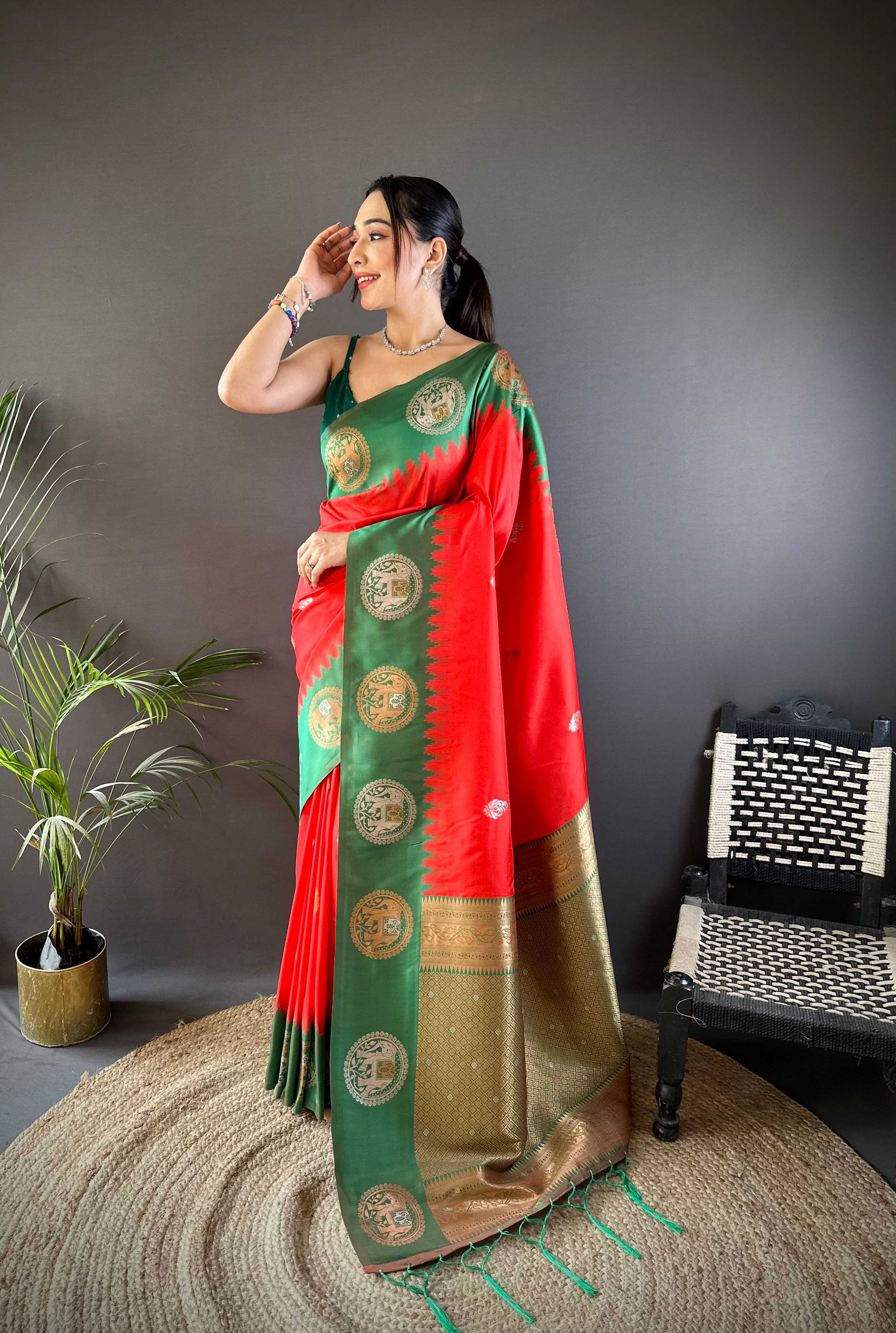 Sonakshi Women's Red Banarasi Silk Zari Woven Traditional Saree with Blouse - Distacart