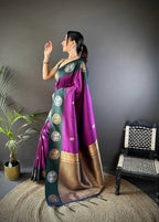 Sonakshi Women's Purple Banarasi Silk Zari Woven Traditional Saree with Blouse - Distacart