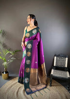 Sonakshi Women's Purple Banarasi Silk Zari Woven Traditional Saree with Blouse - Distacart