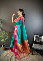 Sonakshi Women's Seagreen Banarasi Silk Zari Woven Traditional Saree with Blouse - Distacart