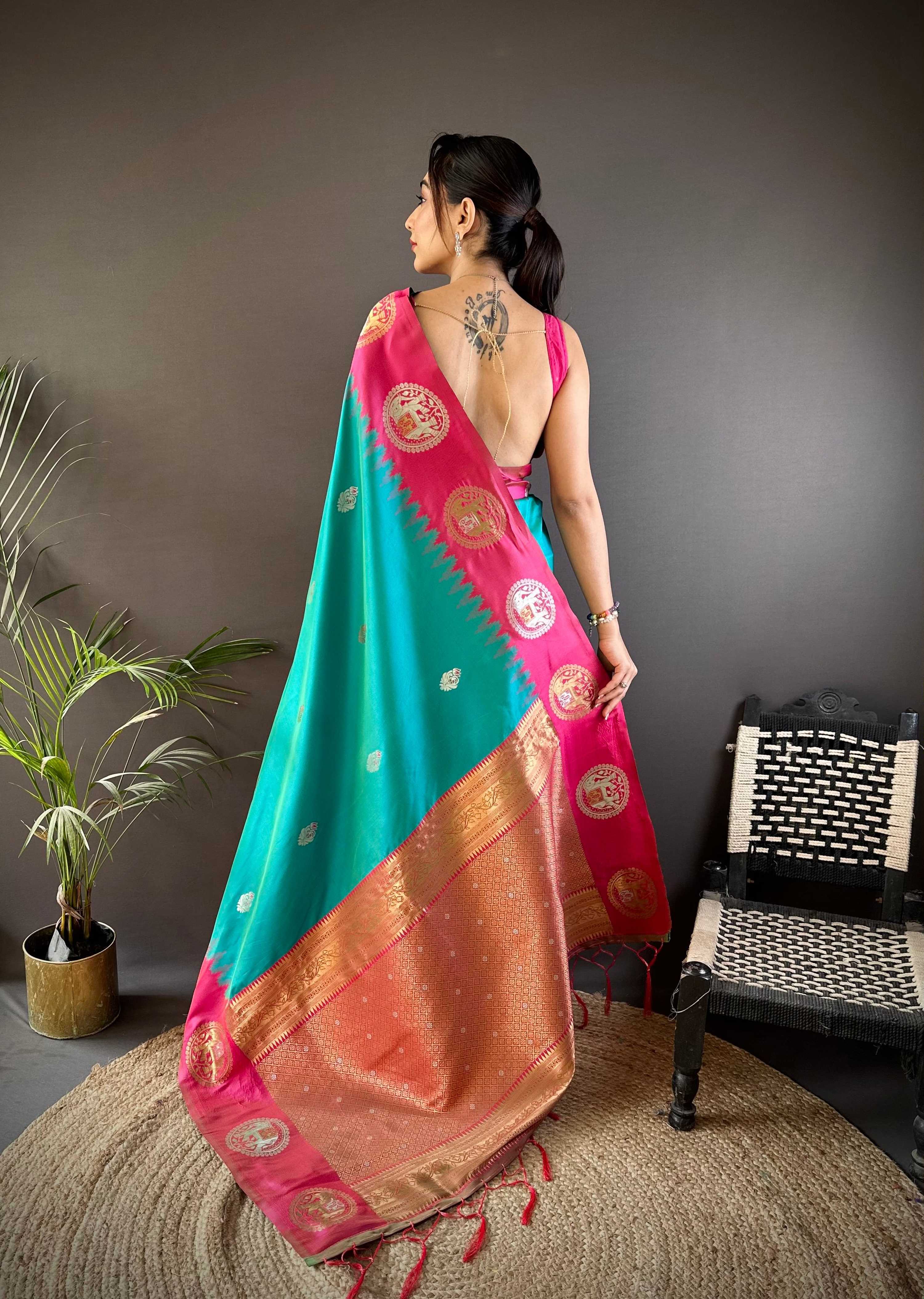 Sonakshi Women's Seagreen Banarasi Silk Zari Woven Traditional Saree with Blouse - Distacart