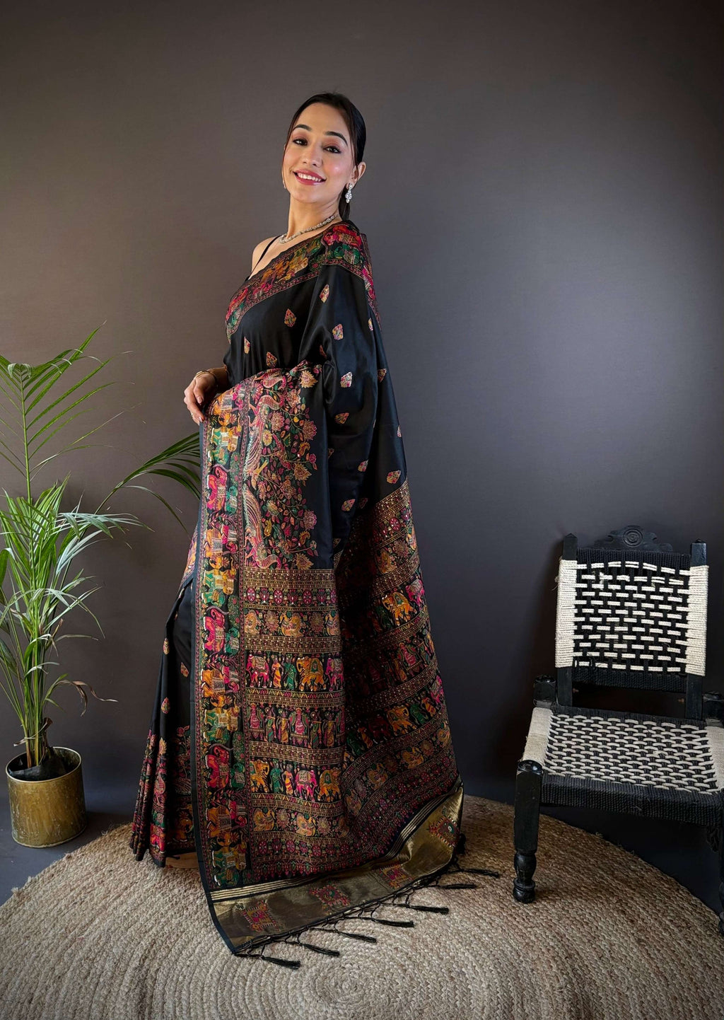 Sonakshi Women's Black Pashmina Silk Zari Woven Traditional Saree with Blouse - Distacart