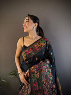 Sonakshi Women's Black Pashmina Silk Zari Woven Traditional Saree with Blouse - Distacart