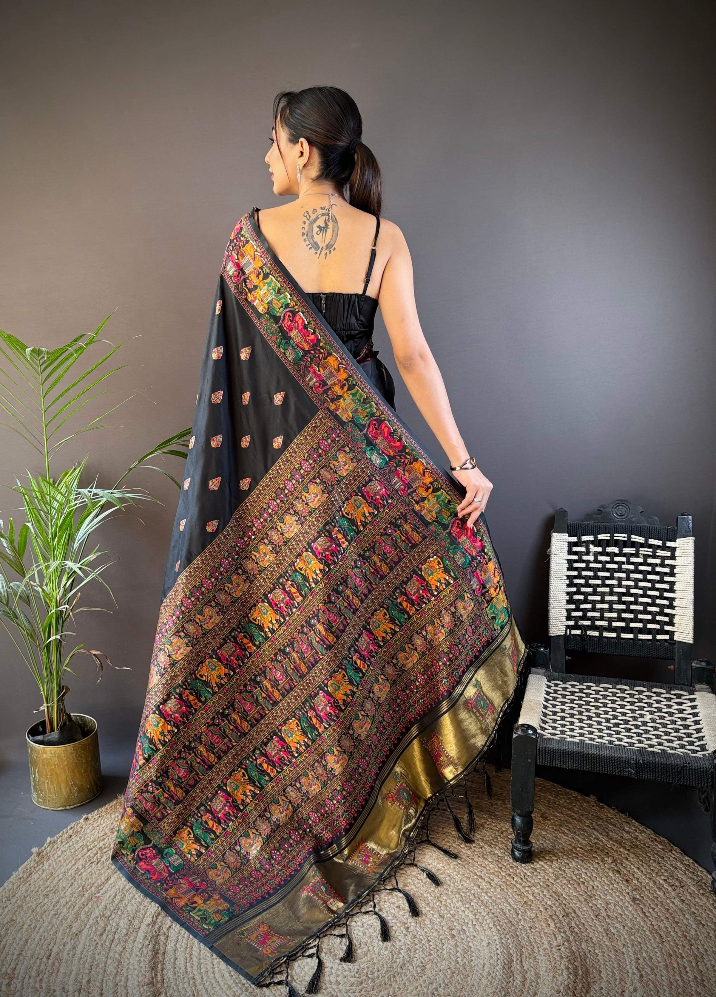 Sonakshi Women's Black Pashmina Silk Zari Woven Traditional Saree with Blouse - Distacart