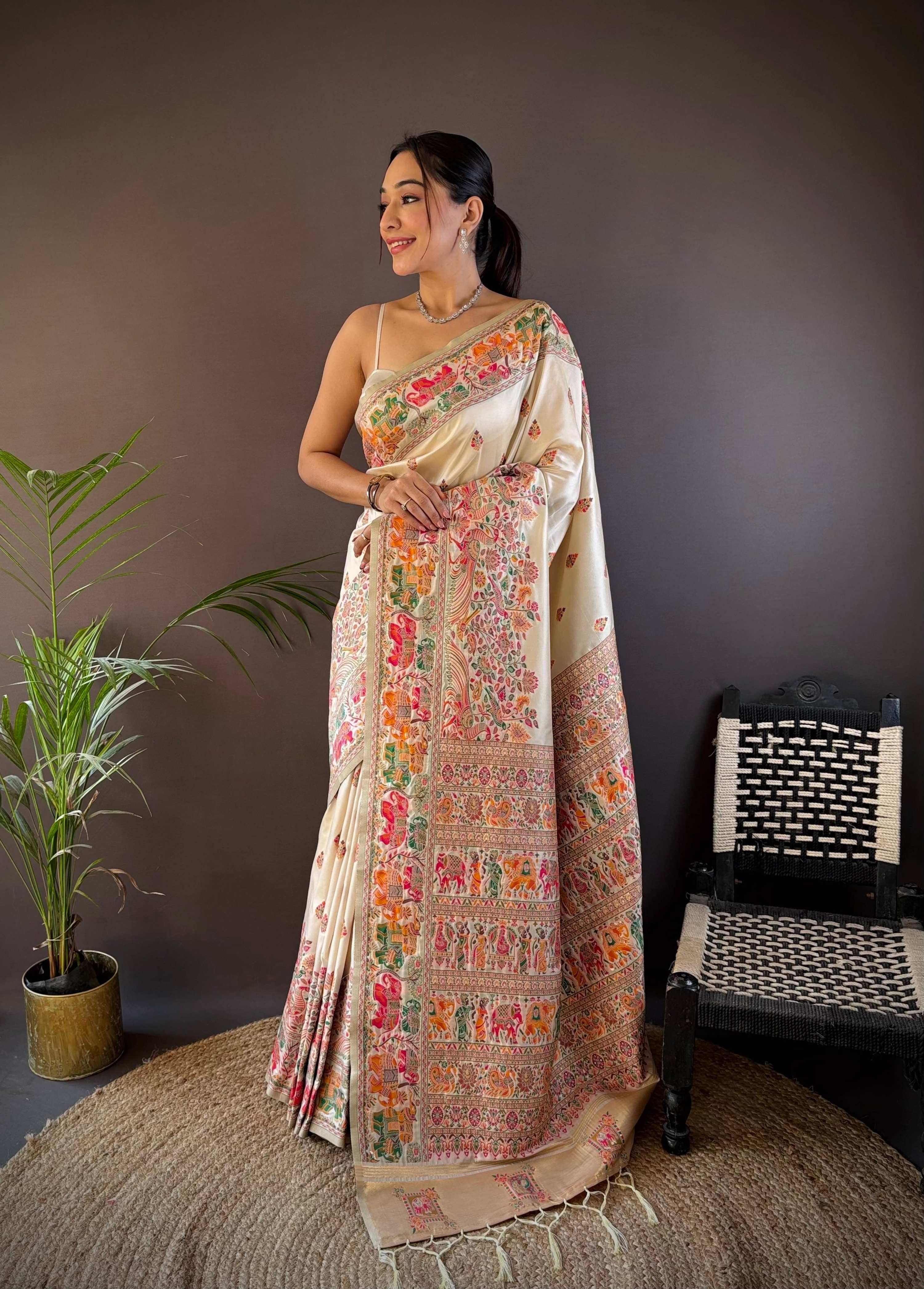Sonakshi Women's Off White Pashmina Silk Zari Woven Traditional Saree with Blouse - Distacart