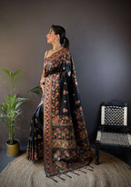 Sonakshi Women's Black Pashmina Silk Zari Woven Traditional Saree with Blouse - Distacart