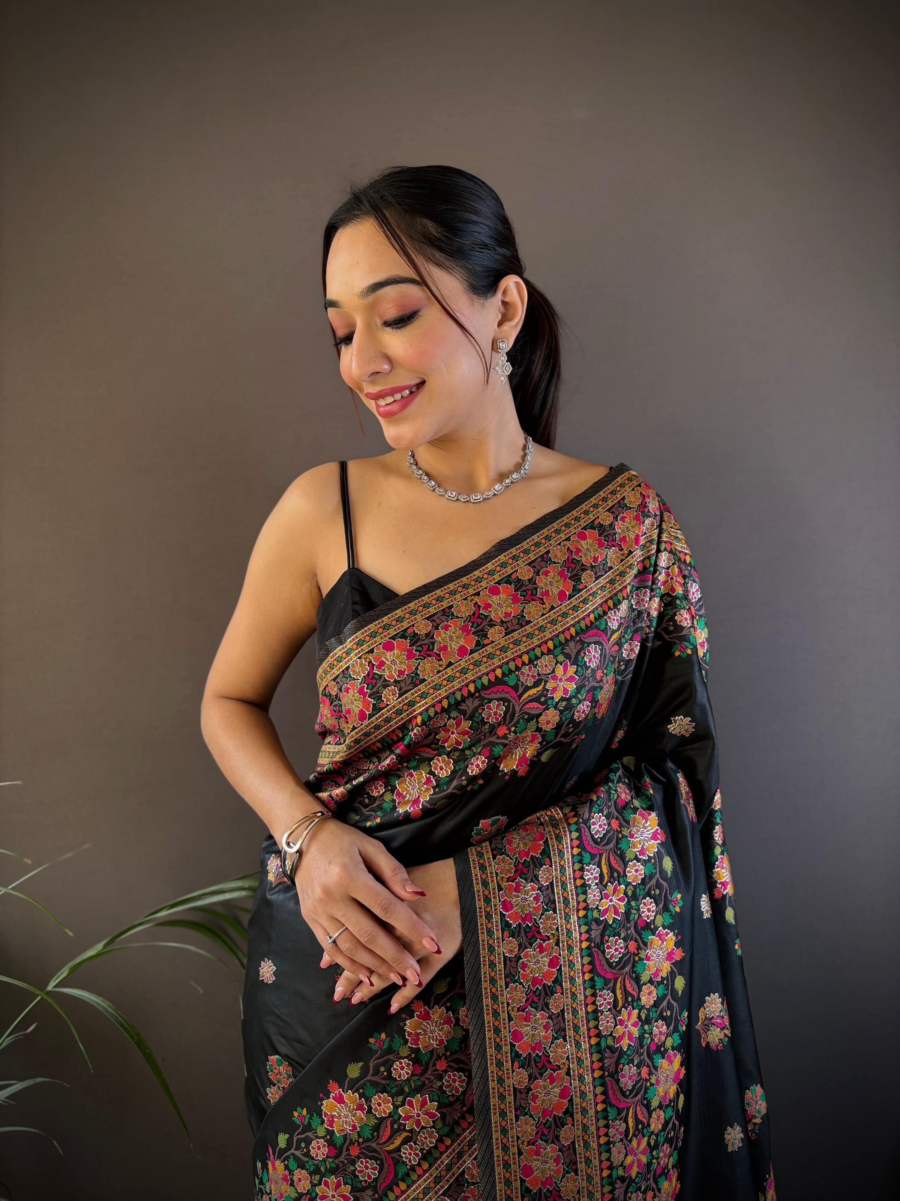 Sonakshi Women's Black Pashmina Silk Zari Woven Traditional Saree with Blouse - Distacart